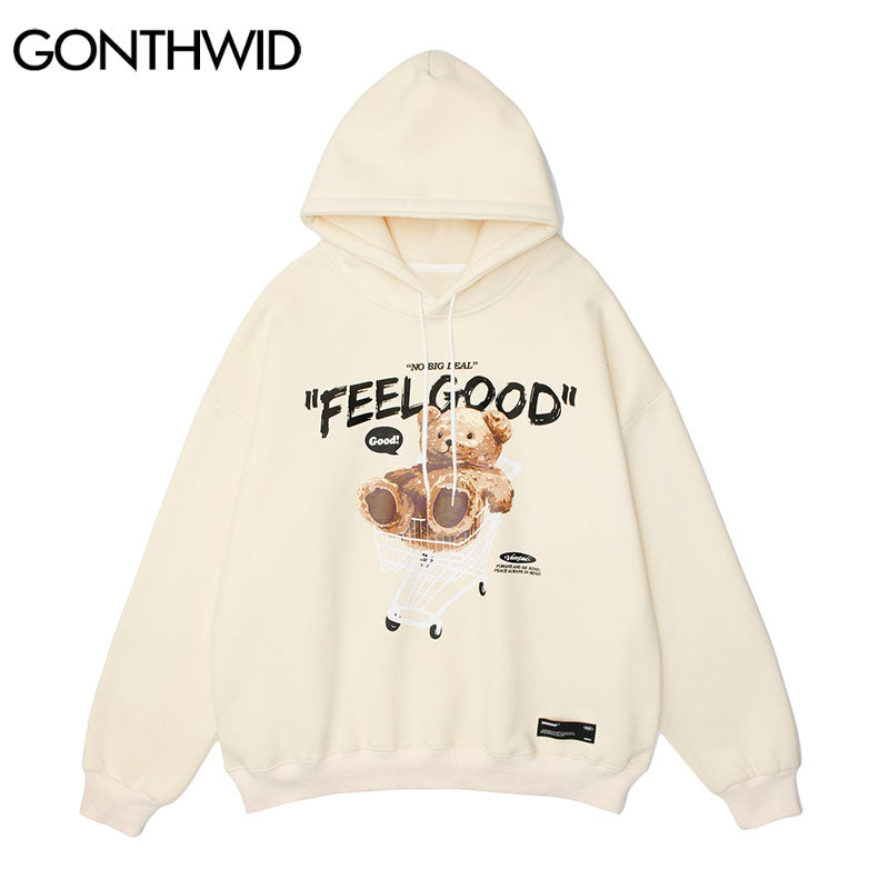 GONTHWID Men Hip Hop Hoodie Sweatshirt Streetwear Funny Bear Print Hooded Harajuku Winter Cotton Fleece Pullover Khaki Black