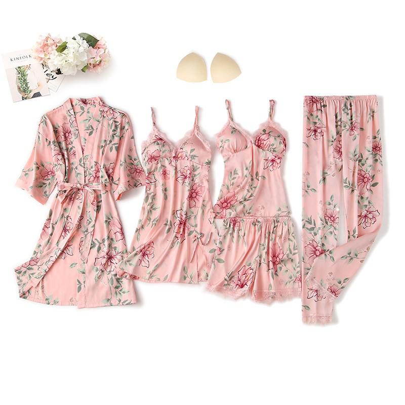 Black Sexy Women Robe Set Faux Silk Kimono Bathrobe Gown 5PCS Sleepwear Suit Hollow Out Lace Nightgown Home Wear Wedding Gift