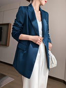 Blauer Blazer für Frauen 2022 Frühling Herbst Trendy Korean Style Luxus Satin Anzugjacke OL Arbeitsmantel Weibliche Oberbekleidung