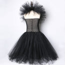 Solid Black Halloween Costumes Kids Girls Tutu Dress Ankle Length Dresses Devil Costume Cosplay Outfits Horns Wings