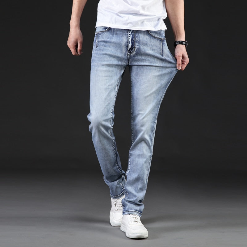 Qualitäts-dünne Jeans-Mann-klassische Art- und Weiseelastizitäts-Denim-Hosen-hellblaue gewaschene Marken-beiläufige Hosen-Mann plus Größe 40-46