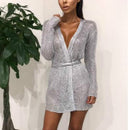 Frauen Sexy Kleid Strickpullover Kleid Silber Gold Club Party Figurbetontes Kleid Tiefer V-Ausschnitt Langarm Strickjacke Robe mit Gürtel 2018
