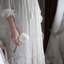 Hanxiuju Vintage Stickerei Weiße Spitze Damen Lange Nachthemden Retro Prinzessin Langarm Nachtwäsche Herbst Frühlingsurlaub Kleid