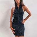Fantoye Black Backless Halter Ruched Mini Dress Women 2021 Elegant Sleeveless Women Dress Skinny Spring Single Breasted Vestido