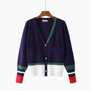 HLBCBG Hochwertige Modedesigner Strickjacke Langarm Einreiher Kontrastfarbe Knopf Strickpullover