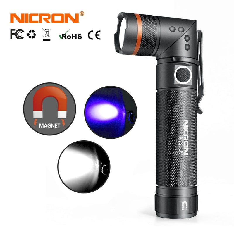 NICRON Weiß / UV-Licht LED-Taschenlampe N72 / N72-UV 90-Grad-Drehung Wasserdicht 800LM 18650 / AAA-Batteriemagnet LED-Taschenlampe