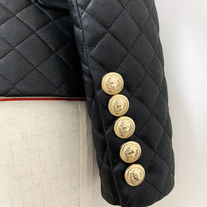 TOP QUALITY 2022 Newest Designer Jacket Women's Double Breasted Lion Buttons Grid Sewing Synthetic Leather Blazer