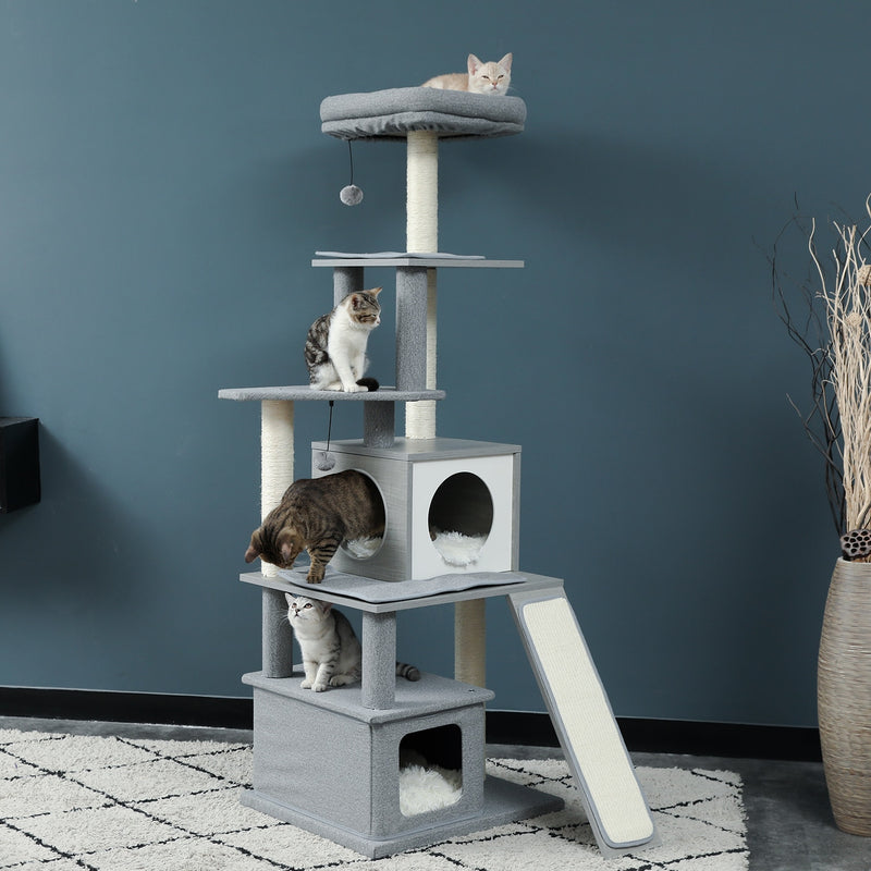 Torre de actividades para gatos moderna con árbol para gatos de varios niveles de pulgadas con postes para rascar sisal hamaca y juguete para gatos con percha superior extragrande