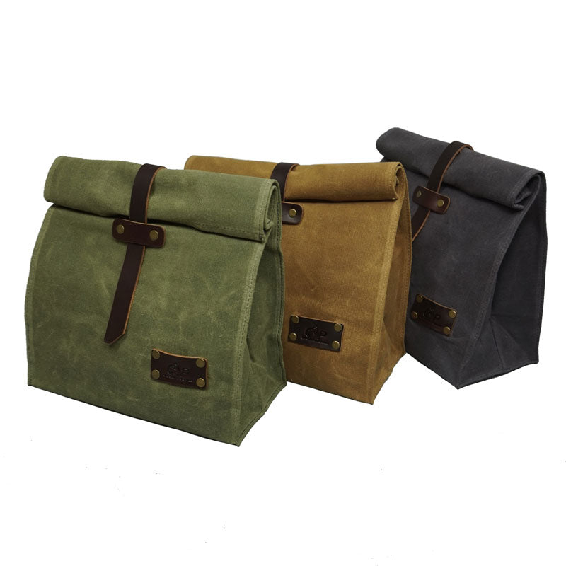 Waxed Canvas Leather Lunch Bag Plastic-Free Waterproof Lunch Box Handbag Dinner Bento Pouch for Work or School Food Storage Bags