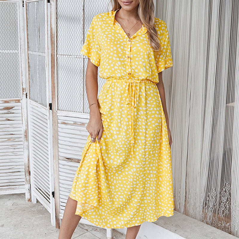 Vestidos de moda para mujer, vestido camisero de cintura alta con estampado de puntos bohemios de verano, vestido Midi informal de manga corta para vacaciones en la playa para mujer