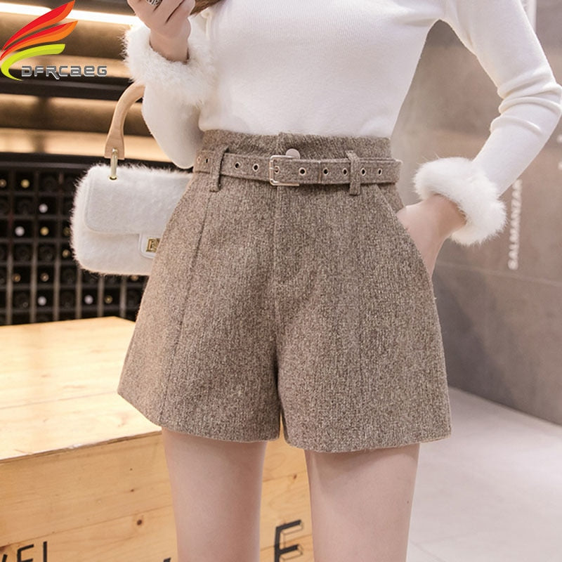 Neue Herbst-Winter-hohe Taillen-Wollshorts mit weitem Bein, Khaki, Grau, Schwarz, Oberbekleidung, warme Shorts mit Gürtel, A-Linie, kurze Femme