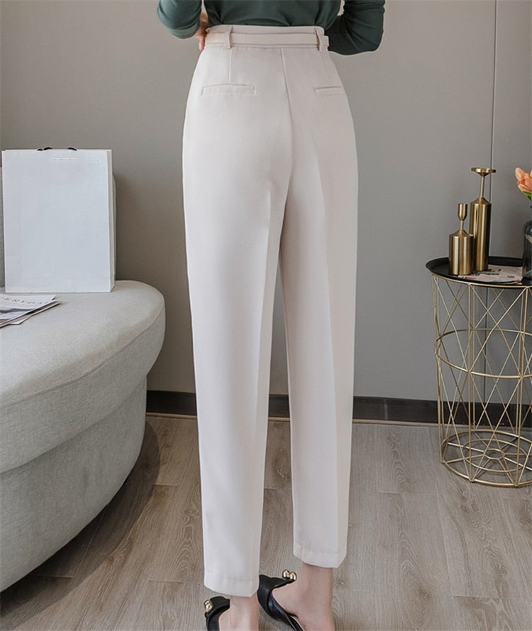 Colorfaith New 2022 High Waist Korean Fashion Elegant Office Lady Ankle-Length With Belt Spring Summer Women Suit Pants P7223