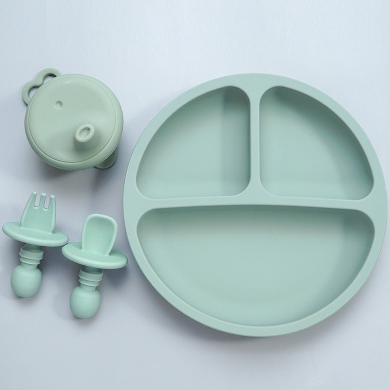 Accesorios para bebés, plato de cena de silicona para alimentación de niños pequeños, cuchara tenedor infantil suave impermeable con cubierta de taza de silicona portátil para niños