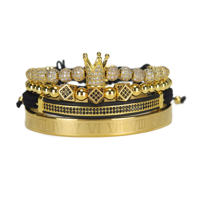 4 unids/set de cuentas de acero inoxidable de lujo Royal King Crown hombres pulsera CZ pulseras romanas y brazaletes Keep Color Rock Punk joyería