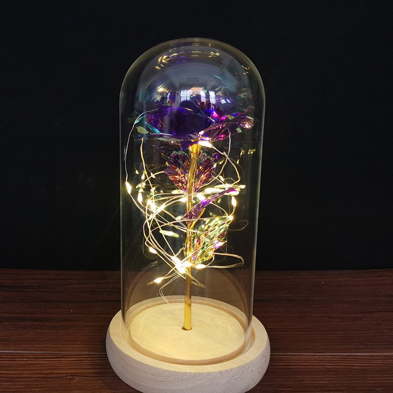 LED Enchanted Galaxy Rose Eternal 24K Gold Foil Flower con cadena de luces en cúpula para decoración del hogar Navidad regalo del Día de San Valentín