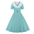 Tonval Gingham Print High Waist Vintage A Line Cotton Midi Dresses for Women Double-Breasted 1950S Rockabilly Plaid Dress