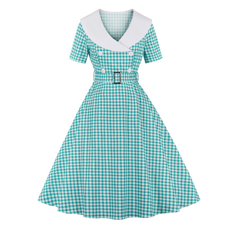 Tonval Gingham Print High Waist Vintage A Line Cotton Midi Dresses for Women Double-Breasted 1950S Rockabilly Plaid Dress