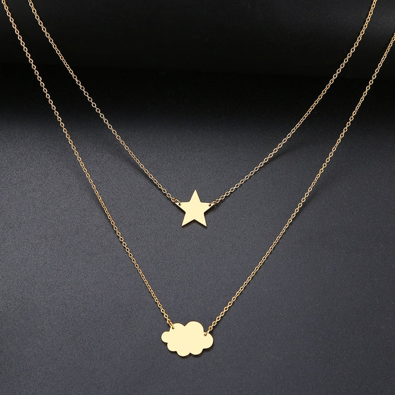 Nuevo collar de nube de lentejuelas simples, colgante de corazón de estrellas de avión, collares de cadena multicapa para mujer, regalo, joyería de acero inoxidable