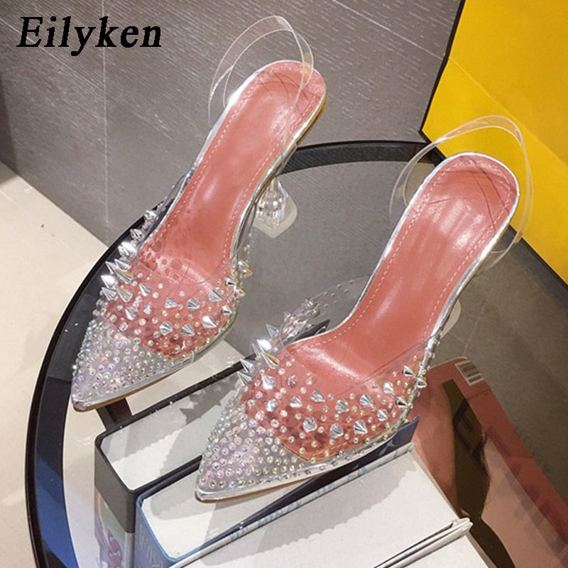 Eilyken 2022 Neue Gold Silber PVC Transparente Niet Diamant Pumps Sandalen Plexiglas Ferse Spitzschuh Kristall Silber Hochzeit Pumps