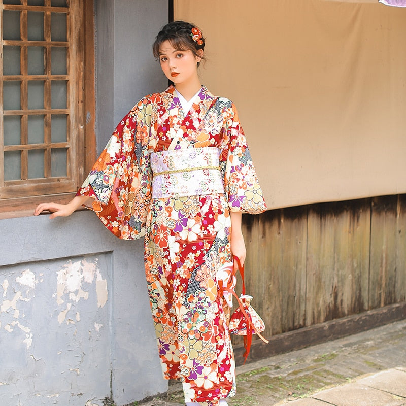 Kimono japonés tradicional rojo oscuro Yukata sensación ropa con Obi Halloween Cosplay niñas vestido