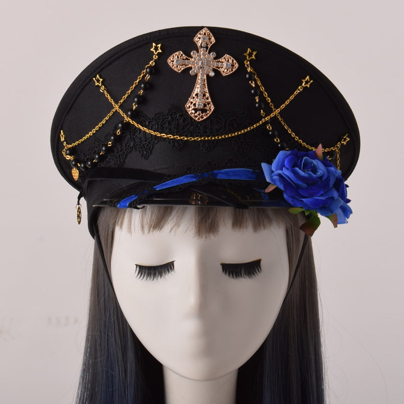 Black Cross Gothic Lolita Military Hat Cap für Frauen Female Sailor Captain Flat Steampunk Karneval Halloween Haarschmuck