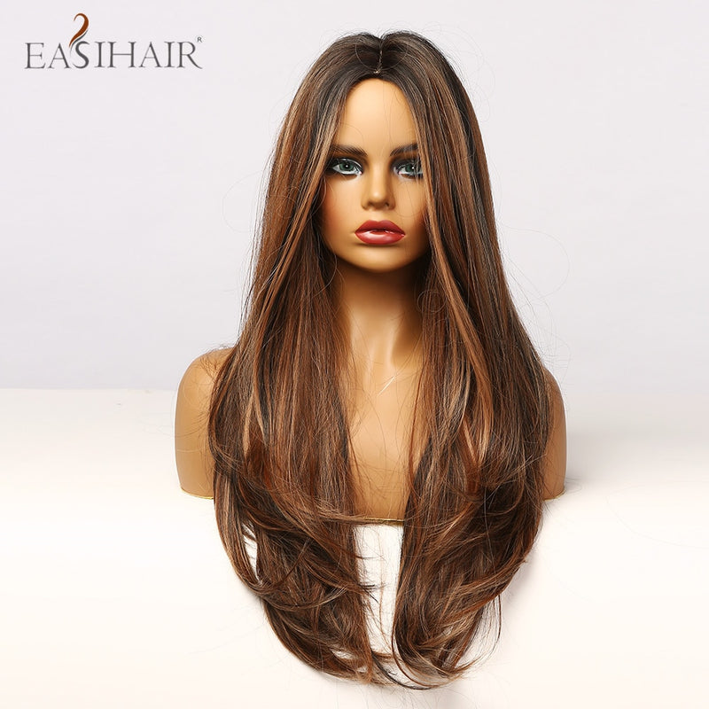 EASIHAIR Long Wavy Brown Synthetic Wigs With Blonde Highlights Cosplay Natural Hair Wigs High Temperature Fiber For Black Women