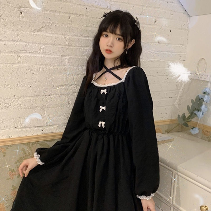 Japanese Lolita Gothic Dress Women Black Cute Vintage Kawaii Chiffon Dress Casual Long Sleeve Y2k Dress New 2020 Women&