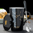Tazas de cerámica con 12 constelaciones, tazas creativas con tapa de cuchara, taza negra de porcelana, taza de café con leche del zodiaco, regalo para parejas