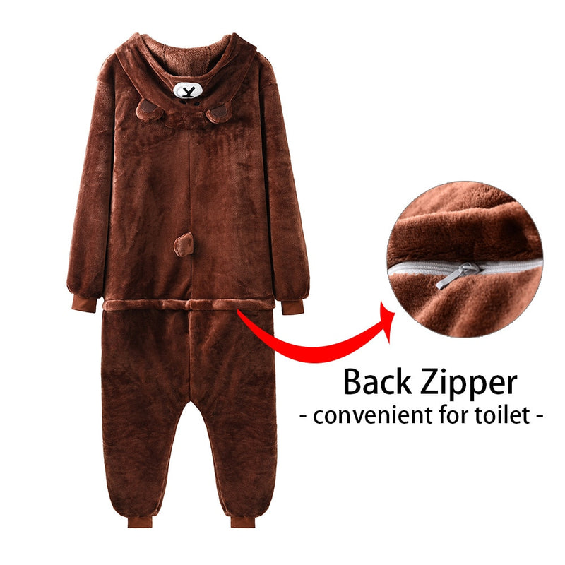 Bear Onesie Women Men Kigurumis Animal Pajama Cartoon Slippers Festival Homewear Winter Warm Suit Zipper Button Overalls