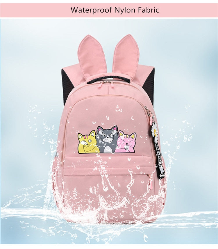 Fengdong Schultaschen für Mädchen im Teenageralter Schultasche Kinder Rucksäcke niedlicher Tierdruck Leinwand Schulrucksack Kinder Katzentasche Pack