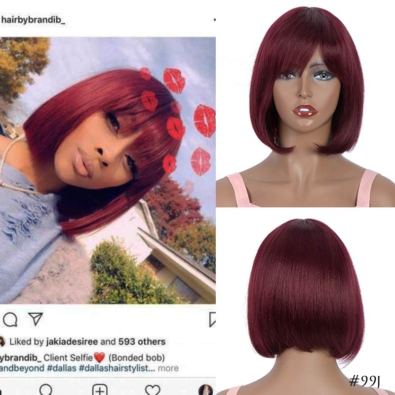 Short Bob Wig With Bangs Straight Brazilian Remy Hair Wigs For Women Human Hair Glueless Full Machine Made Cheap Human Hair Wigs