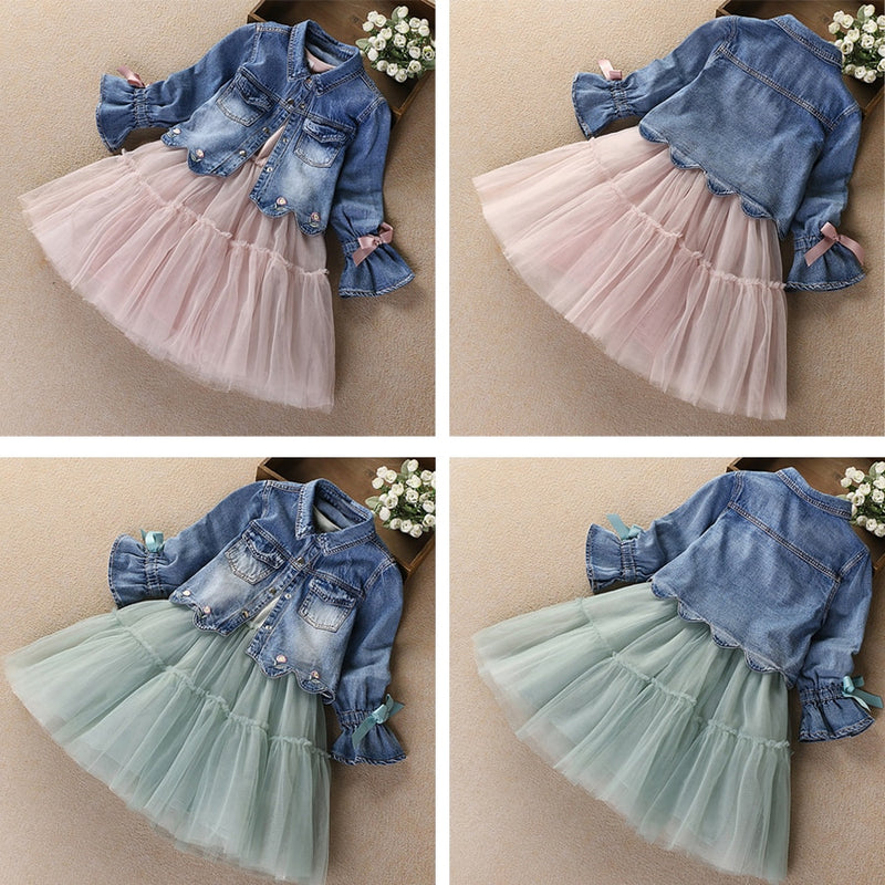 IYEAL Newest  Spring Autumn Baby Girls Clothes Sets Denim Jacket+TUTU Dress 2 PCS Kids Suits Infant Children Clothing Set