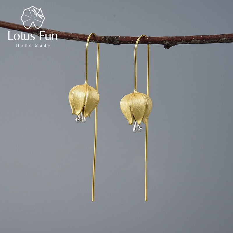 Pendientes colgantes de flor de tulipán de amor eterno de Lotus Fun, pendientes de joyería fina hechos a mano de Plata de Ley 925 auténtica para mujer, bisutería