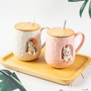 Taza de cerámica con relieve de animales bonitos de 430ml con tapa y cuchara, taza con asa para café, té de la leche, regalos novedosos