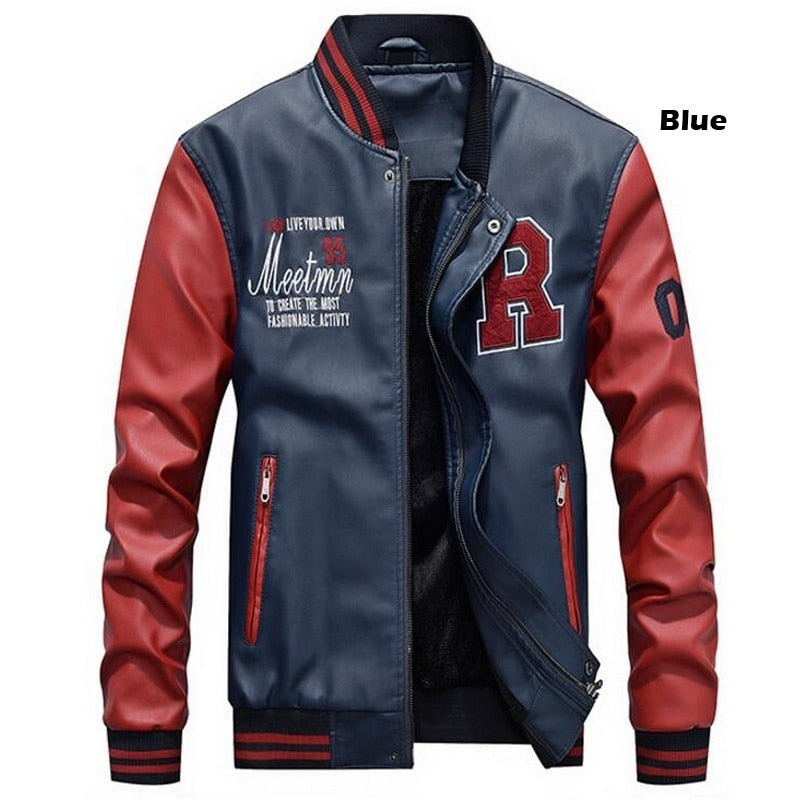 Chaqueta Bomber de cuero para hombre, chaquetas de béisbol, abrigo de piel sintética para motorista, chaqueta de lana para piloto universitario, parte superior de cuero para universidad, motocicleta ajustada negra