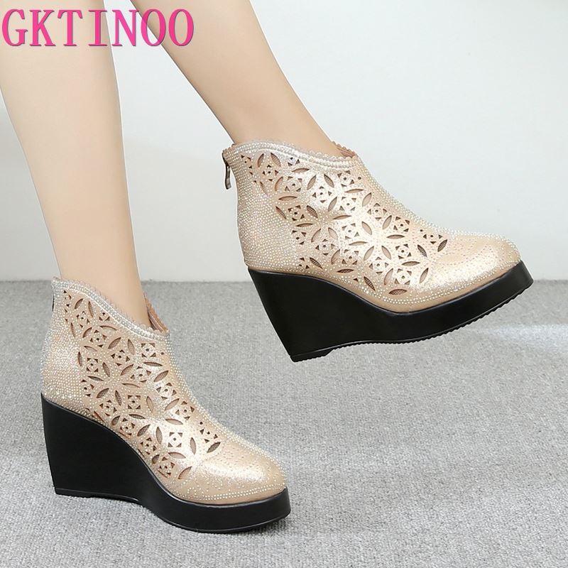 GKTINOO Fashion Rhinestones Gauze Sandals Summer New Mesh Boots Genuine Leather Women's Shoes Hollow Boots High Heels Wedges