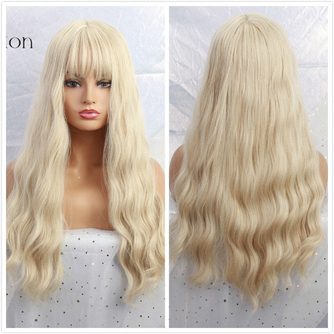 ALAN EATON Long Ombre Black Brown Blonde Wigs with Bangs Heat Resistant Synthetic Wave Wigs for Women African American Cosplay