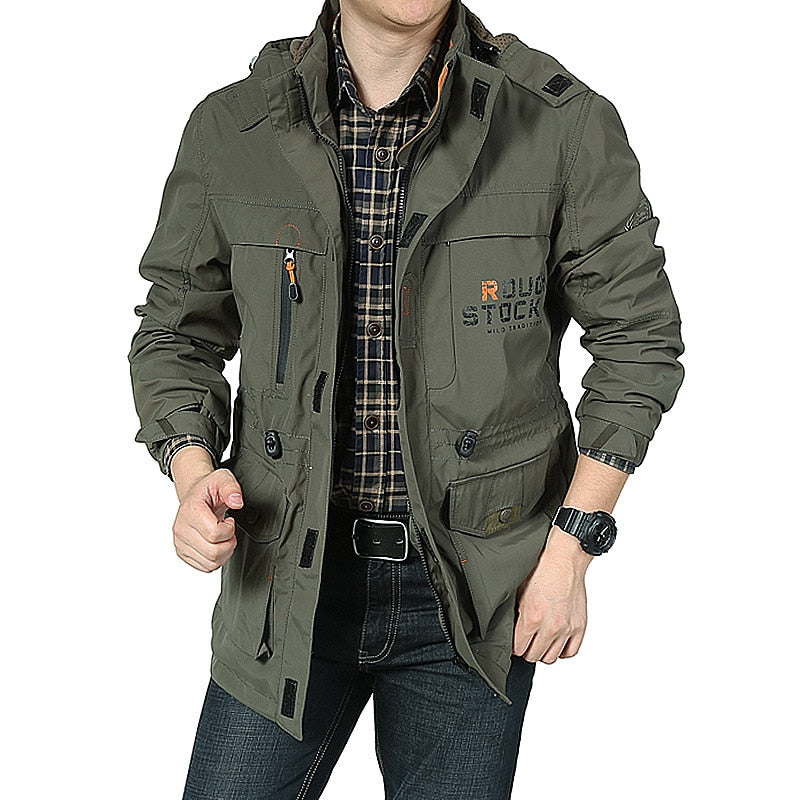 Primavera Hombres Chaquetas tácticas militares Multi-bolsillos Impermeable Casual Cazadora para hombre Abrigo al aire libre con capucha