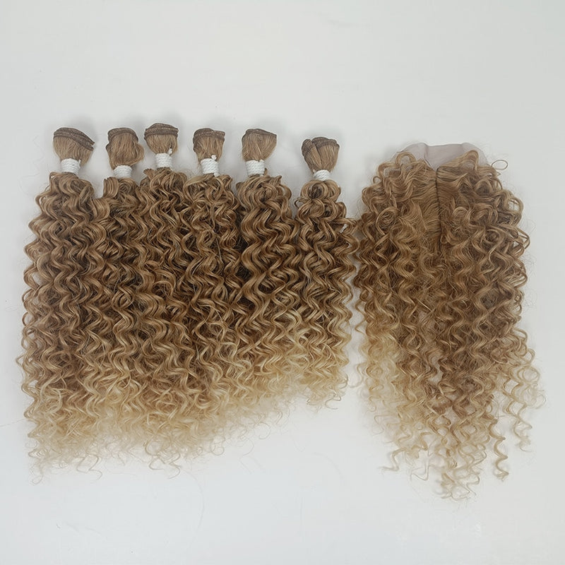 Edle synthetische Haar-Webart 16-20 Zoll 7Pieces/lot Afro verworrenes lockiges Haar rollt mit afrikanischer Spitze des Verschlusses für Frauenhaar Extensi zusammen
