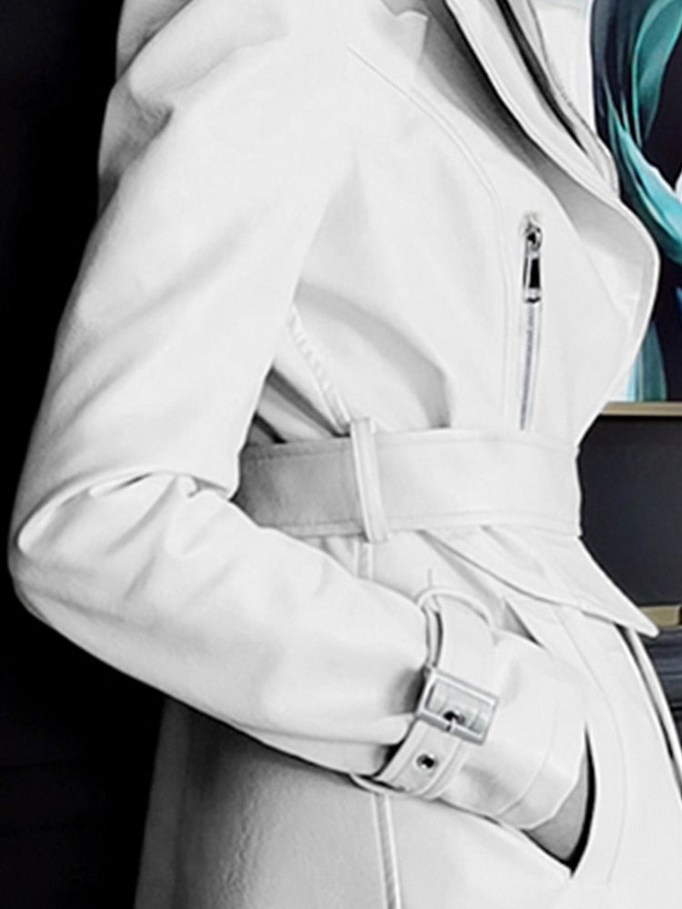 Nerazzurri Spring Runway White Long Leather Trench Coat for Women Long Sleeve Elegant Luxury fashion Womens Coats 2021 Designer