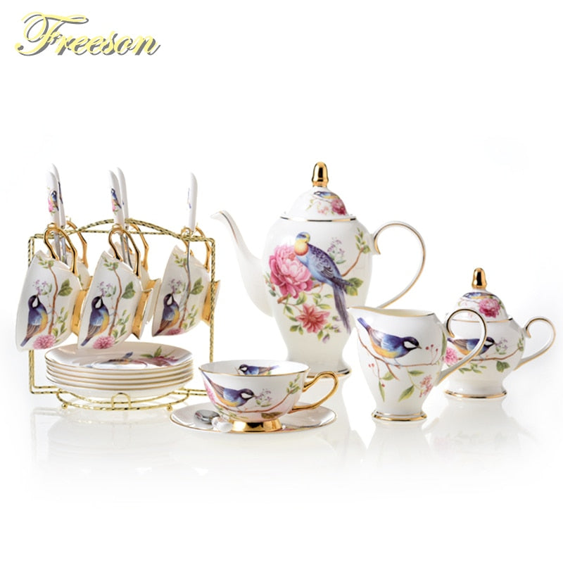 Pastoral Bird Bone China Coffee Set Europe Porcelain Tea Set Ceramic Mug Pot Sugar Bowl Creamer Teapot Coffee Cup Coffeeware