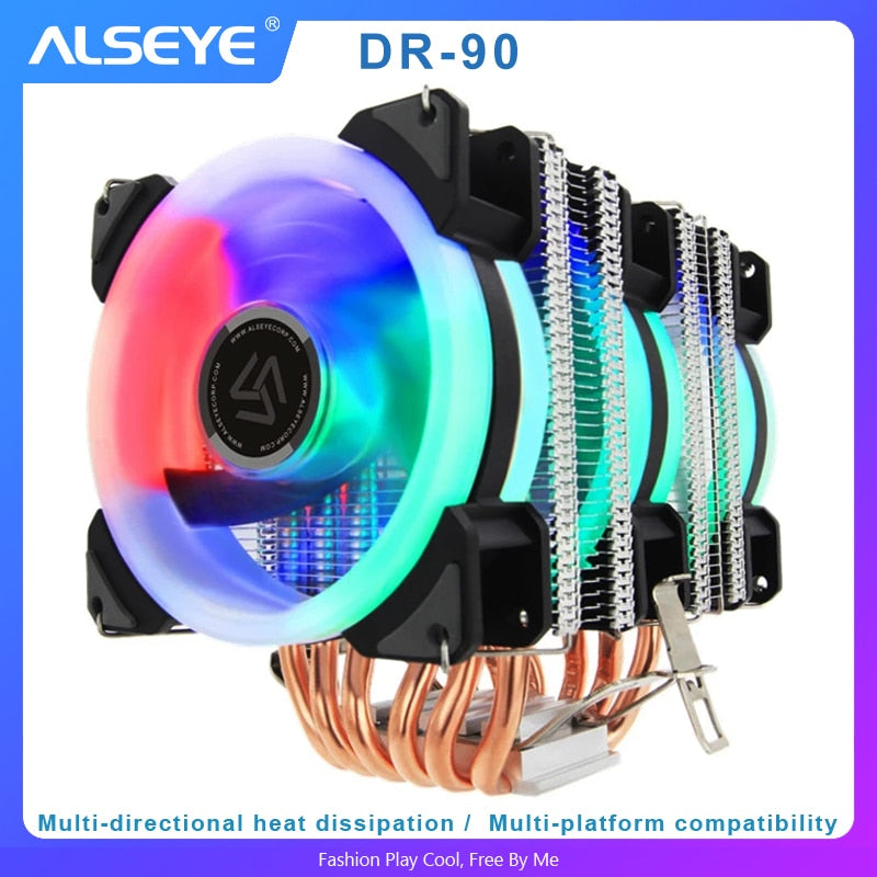 Enfriador de CPU ALSEYE DR-90, 6 tubos de calor con ventilador de CPU RGB de 4 pines, refrigeración de CPU de alta calidad, recién llegado, compatible con LGA775/115X/1200/1366/2011