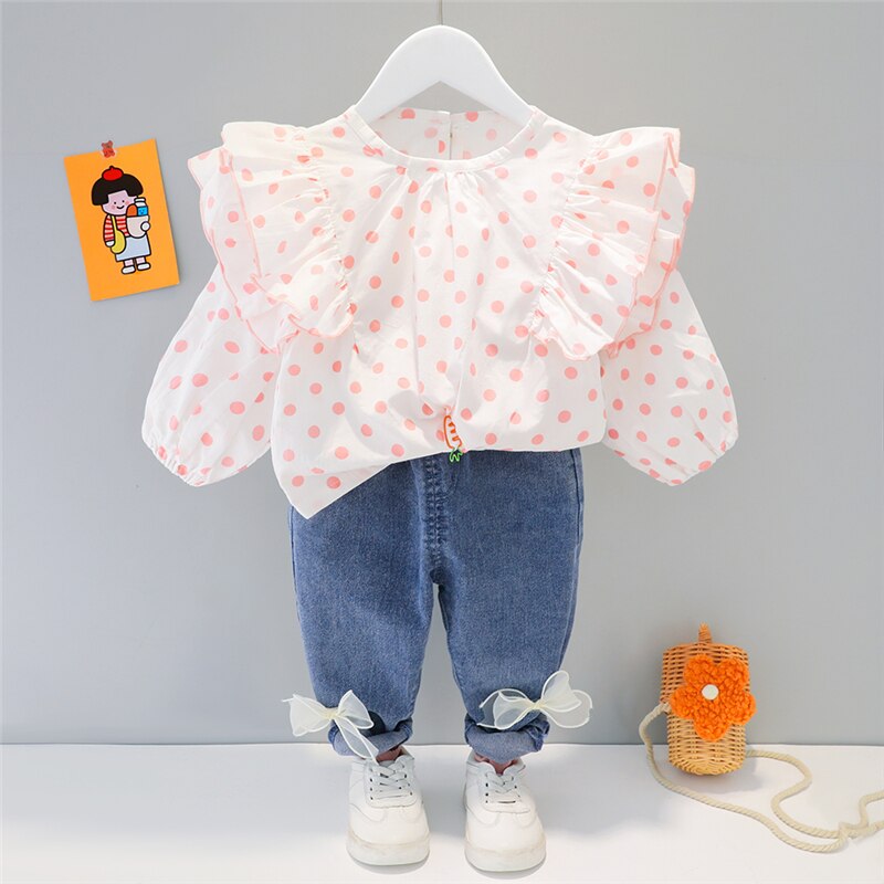 Frühling Herbst Baby Mädchen Kleidung Sets Kinder Prinzessin Kleidung Spitze Polka Dot Tops Schleife-Knoten Jeans Kleinkind Kleinkind Kind Kostüm