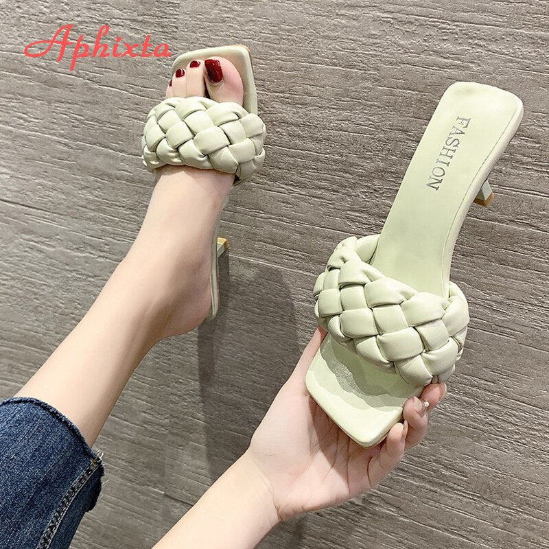 Aphixta 5cm Square Heels Slides Women Rope Lattice Peep Toe Women Outside Sippers Shoes Mujer Elegant Shoes