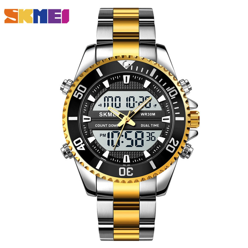 Relojes SKMEI de doble pantalla para hombre, relojes de pulsera digitales a la moda, reloj cronógrafo para hombre, reloj resistente al agua de acero inoxidable, reloj Masculino