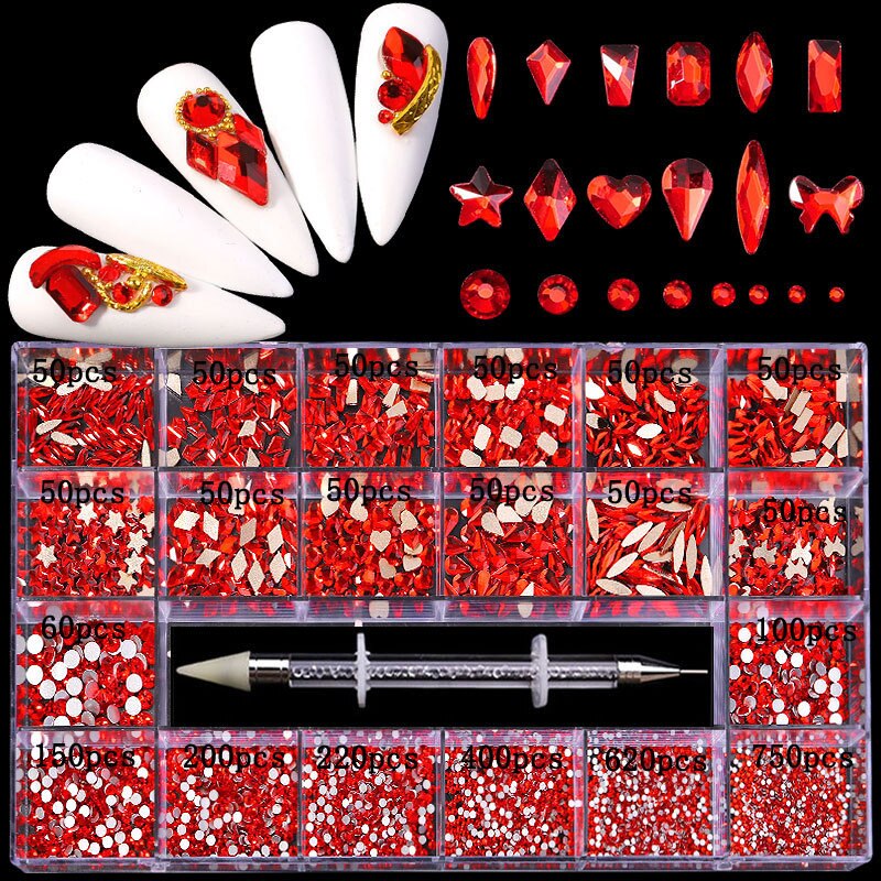 21 Grids Crystals Diamonds Nail Rhinestones Set 3100pcs FlatBack Rhinestones Kit Sparkling Nail Art With 1 Pen For Decorations