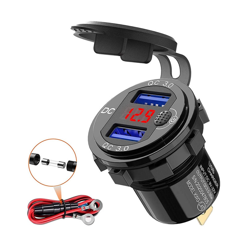 Quick Charge 3.0 36W Car Dual USB Charger QC3.0 Waterproof with Voltmeter Switch for 12V/24V Motorcycle ATV Boat Marine RV