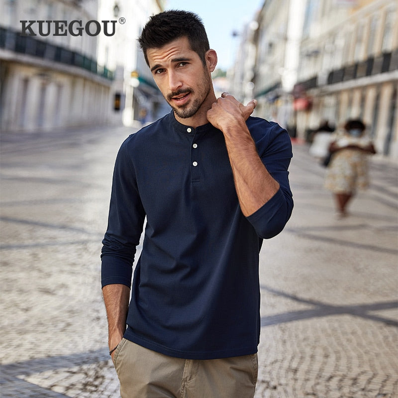 KUEGOU, ropa de algodón, polos de otoño para hombre, polos bordados de manga larga a la moda, top de alta calidad para hombre, ZT-88085 de talla grande