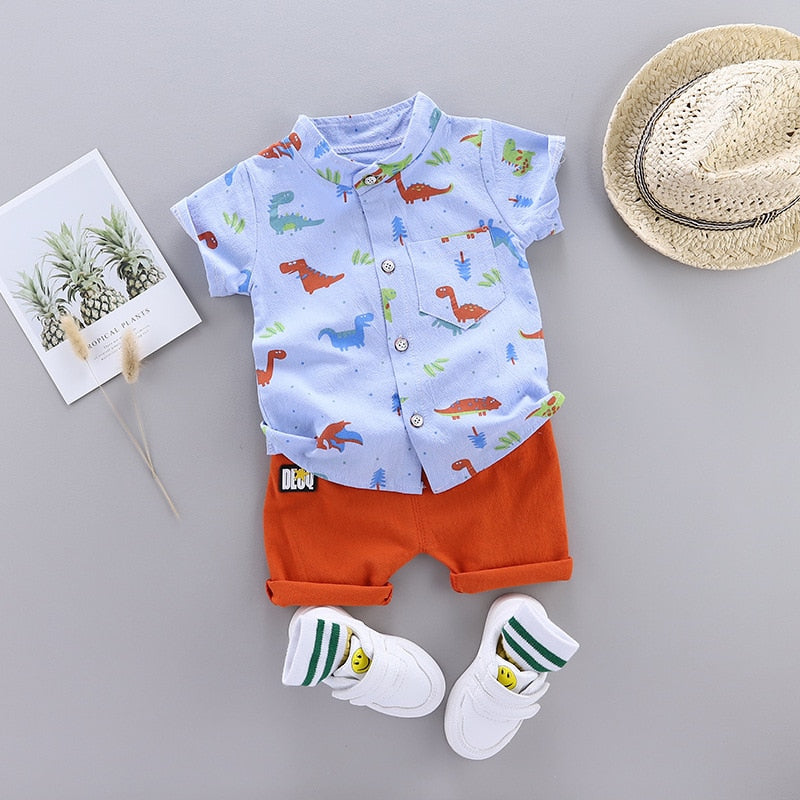 Summer Baby Boy Clothes Set Infant Cartoon Dinosaur Print Short Sleeve Shirt + Pants 1 2 3 4 Years Kid Toddler Boys Outfit