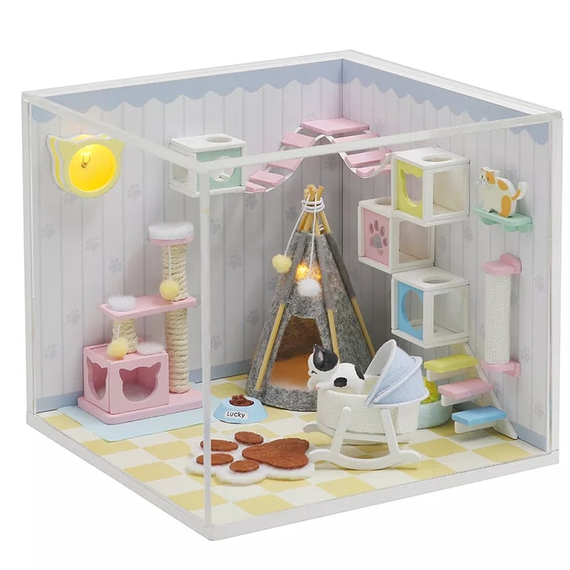 Cutebee DIYHouse miniatura con muebles LED música polvo cubierta modelo Juguetes De bloques De construcción para niños Casa De Boneca